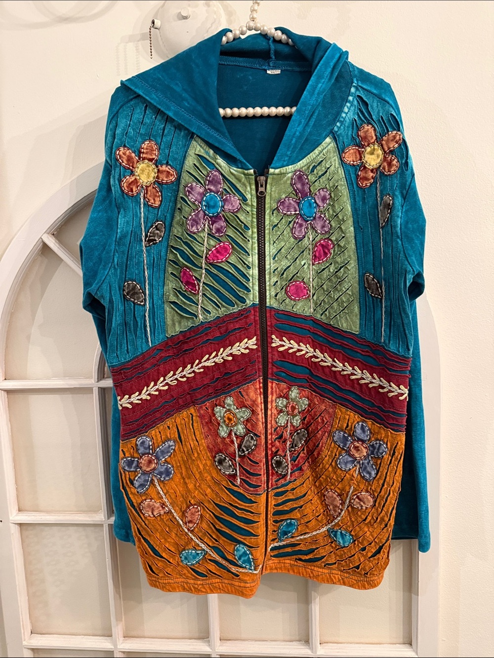 Vintage Boho Floral Patchwork Full Zip Hoodie Blue Green Neon Multicolor XXL